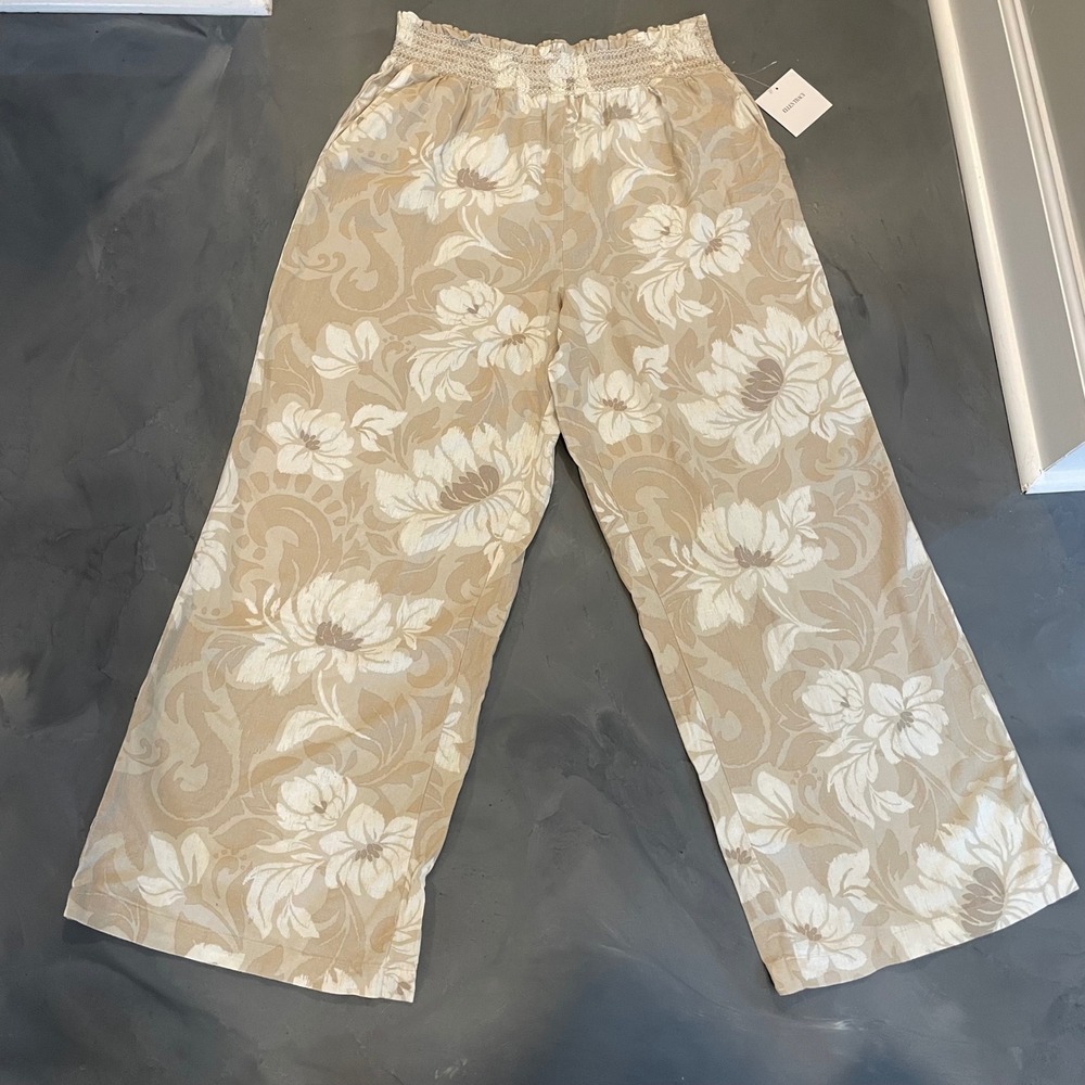 Ellen Tracy Womens XL Beige Floral Linen Blend Smocked Wide Leg Pants NWT